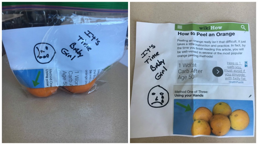 美國一名父親幫女兒準備的柳橙內，附上了一封如何剝柳橙的方式，裡面充滿父愛。(圖／翻攝自推特)