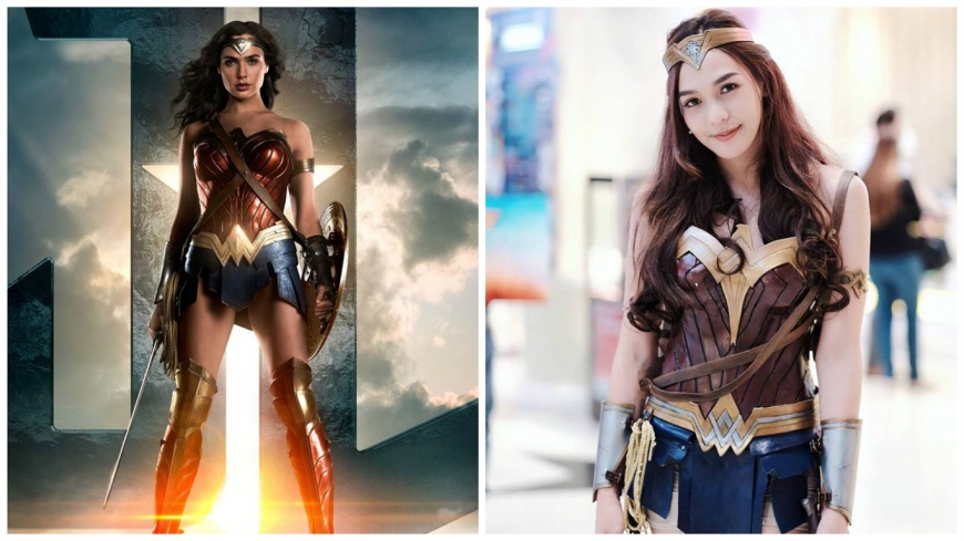 泰國網紅碧琪也搭上電影《神力女超人》的熱潮，Cosplay了戲裡的裝扮引發熱烈討論。(圖／合成照，翻攝自Gal Gadot和Pichyada Chatkamjaroen臉書粉絲團)