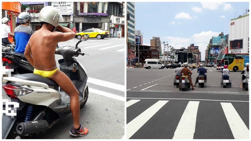 台北西門町街頭出現一名僅著黃色小褲褲的男騎士，不少人都看傻眼了。(圖／翻攝自爆料公社)