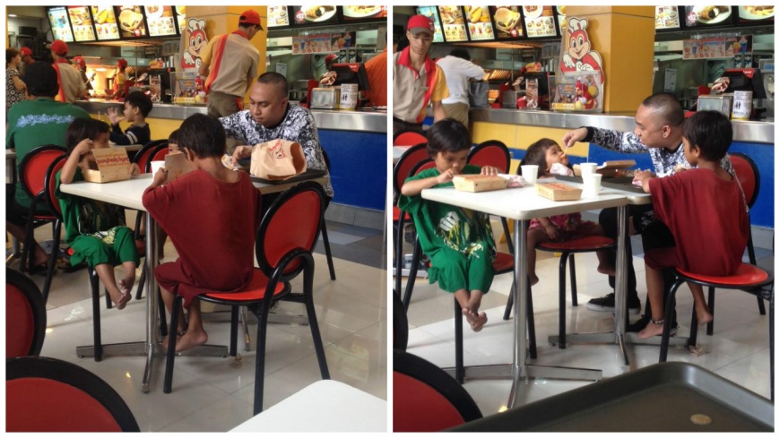 一名好心男子見到3個小朋友在外乞討，請他們到速食店內用餐。(圖／翻攝自臉書)