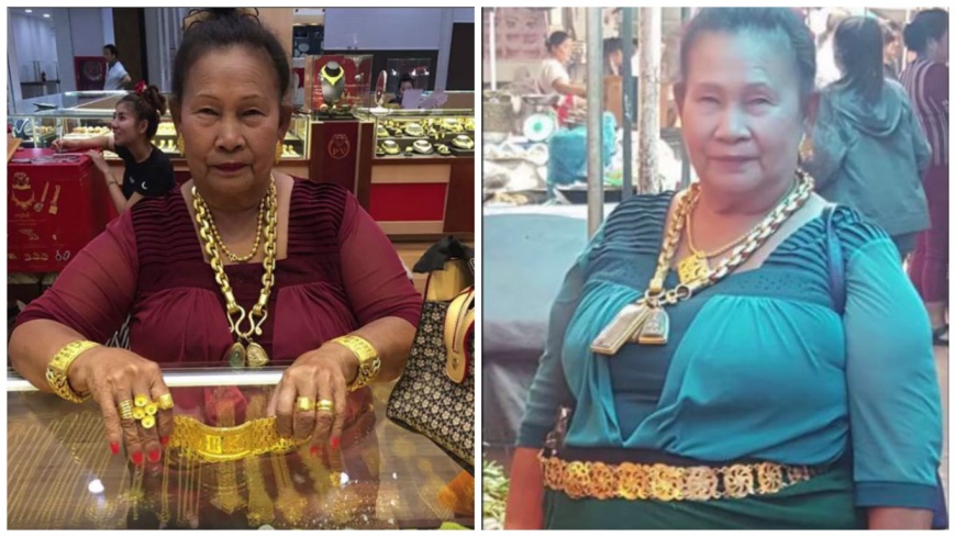 寮國一名超霸氣大媽，上珠寶店買金飾不但戴好戴滿，腰間還插了一把槍。(圖／合成圖，翻攝自臉書)
