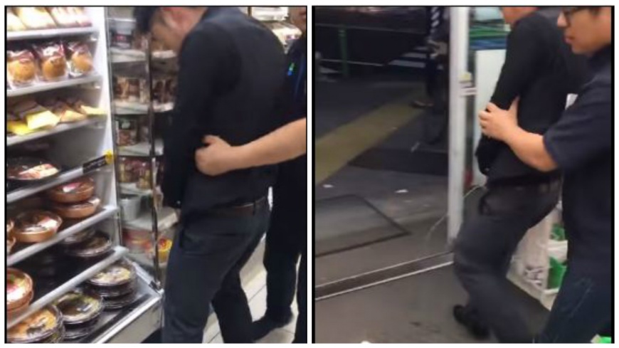 一名男子突然闖入超商，並在便當冷藏區突然掏GG在義大利麵上撒尿加味。(圖／翻攝自YouTube)