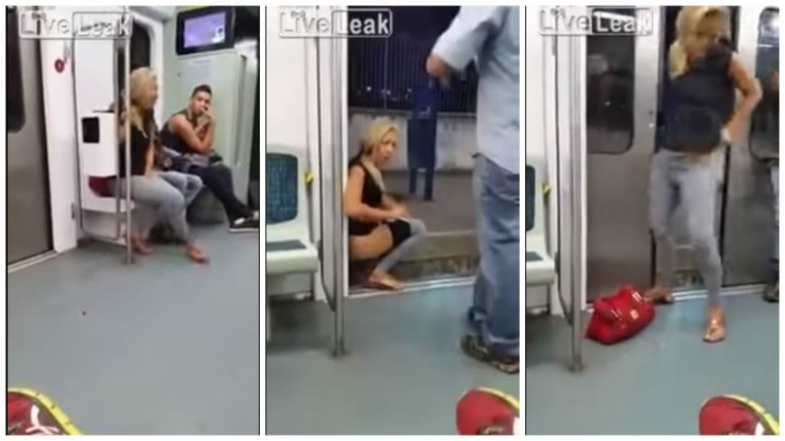 一名金髮女疑似憋不住尿意，竟趁列車到站時，衝到列車和月台之間的間隙脫褲解放。(圖／翻攝自YouTube)