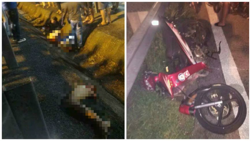 馬來西亞發生嚴重車禍，2機車在高速公路狂飆失控對撞，其中1男斷腿頭撞護欄亡。(圖／翻攝自Wat Kamal Abas臉書)
