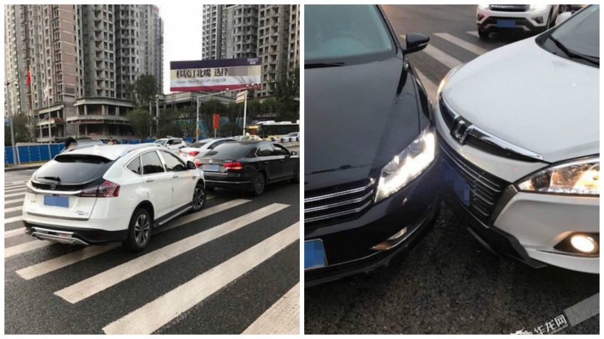 重慶日前發生一起車禍，沒想到2輛車的車主在去年同一個地點且同樣車輛發生擦撞，讓他們都直呼太巧了。(圖／翻攝自華龍網)