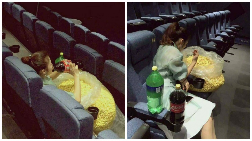 有年輕美眉在電影院內獨自喝著2大罐飲料和1大袋爆米花，網友戲稱：她失戀了？(圖／翻攝自爆料公社臉書粉絲團)