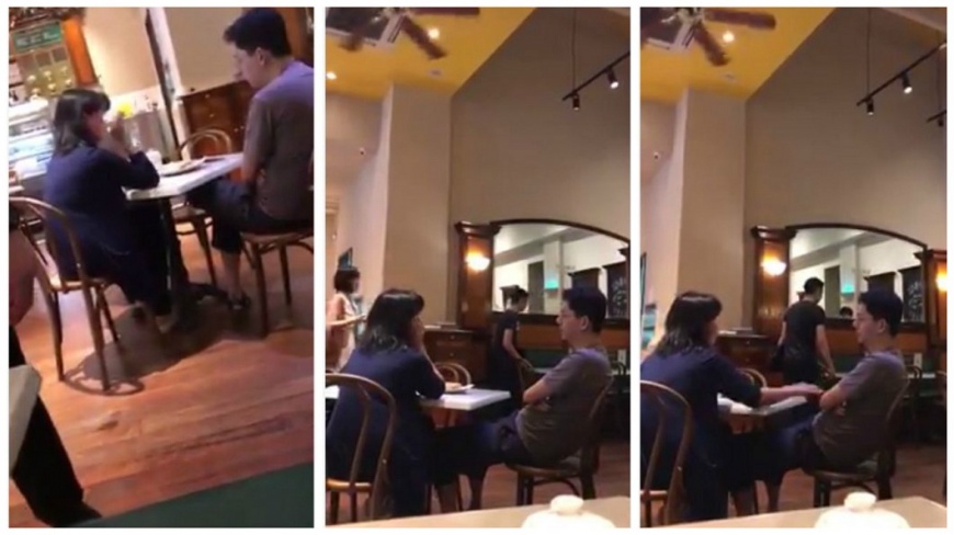 新加坡一名女子疑似為了求男生原諒，在咖啡廳內自摑巴掌30下。(圖／翻攝自YouTube)