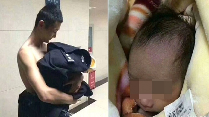 雲南一名警察吳宇看見男嬰在棄置公園凍到全身發紫，他立刻脫下上衣幫包覆取暖。(圖／翻攝自陸網)