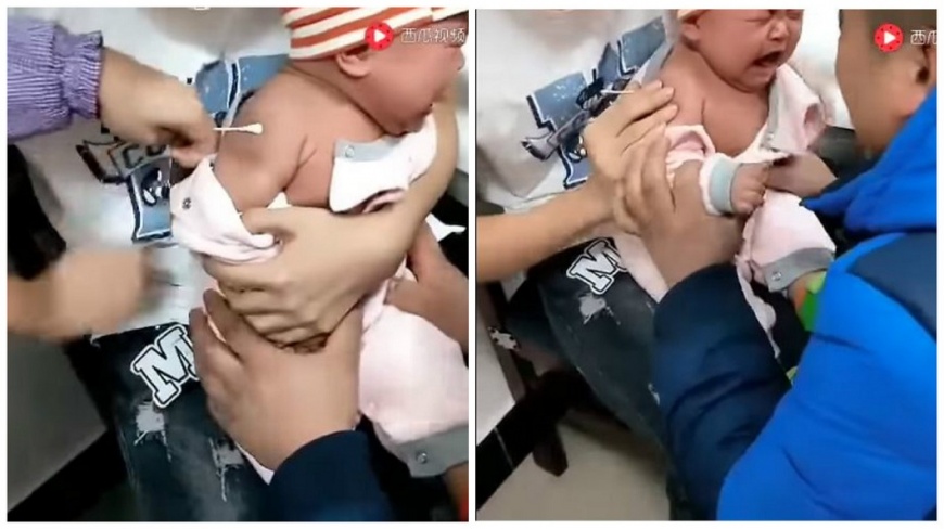 6個月大的小娃兒在打針後突然喊了一句「真疼啊！」網友們看了驚呼不已。(圖／翻攝自YouTube)