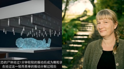 利用氮氣分解遺體(左)、冰葬發明家蘇珊娜(右)。圖/翻攝自YouTube(左),Promession官網(右)