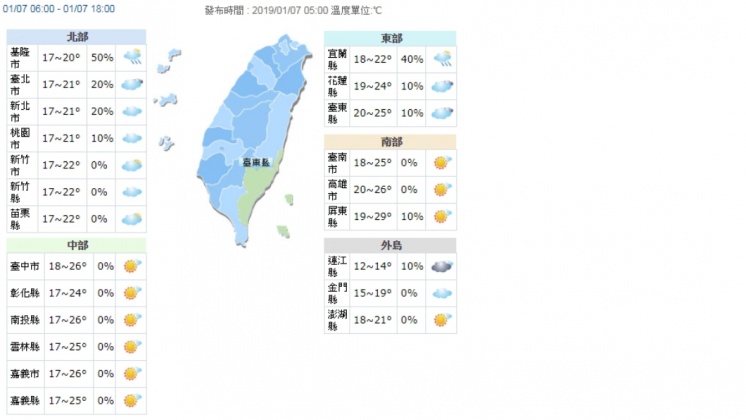 今天全台各地氣溫。圖/翻攝自氣象局