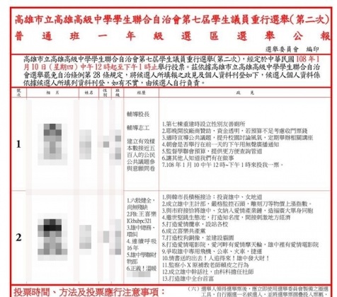 雄中學生選舉政見中,其中一名學生的政見呼應高雄市長韓國瑜「愛情產業鏈」政策。圖/翻攝自高雄中學學生聯合自治會 KSSA粉絲團