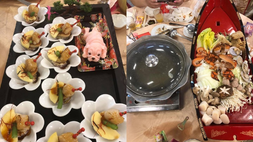 不過最讓廣大網友驚豔的除了粉紅色仿真狗狗蛋糕,還有吃到一半出現的「豪華海鮮鍋」。圖/翻攝自「爆廢公社二館」