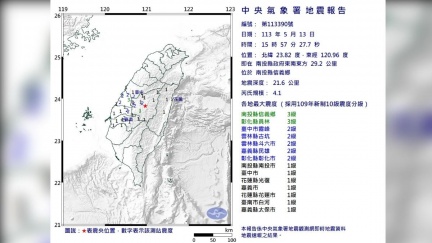 15：57南投規模4.1地震　最大震度3級