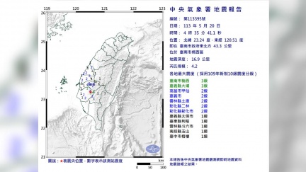 台南市地震規模4.2　最大震度台南嘉義3級
