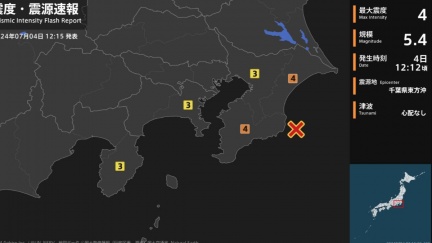 日本千葉外海規模5.4地震「最大震度4」　東京明顯搖晃