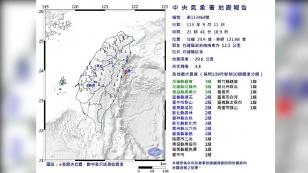 21：41地牛翻身花蓮近海規模4.8　最大震度3級