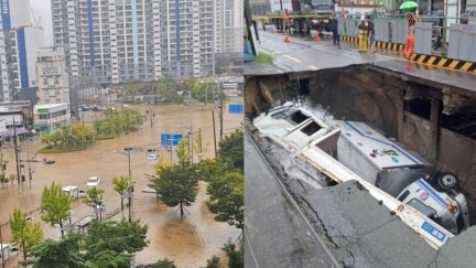 南韓破紀錄暴雨1500人避難　老翁遭沖走、天坑吞噬2車