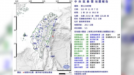 凌晨花蓮近海「規模5.5地震」　最大震度4級