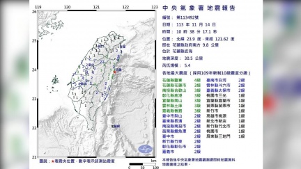 10：38全台搖晃！花蓮近海5.4地震　最大震度4級