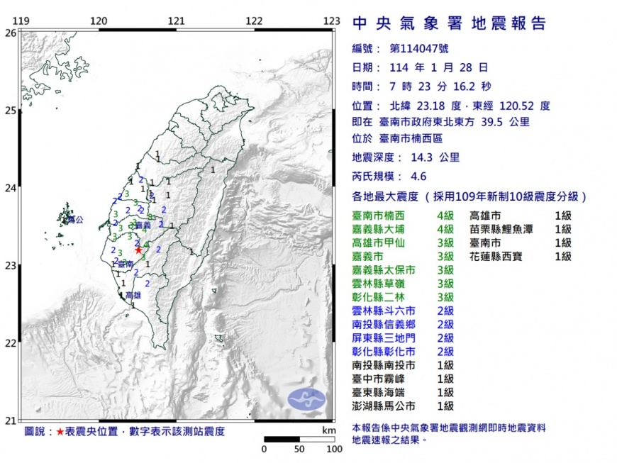 台南規模4.6淺源地震。（圖／中央氣象署）