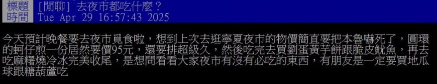 原PO好奇眾人去逛夜市時,口袋中的「必吃美食」有哪些?(圖/翻攝自PTT)