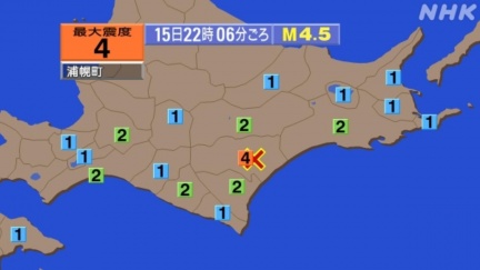 日本北海道規模4.5地震　最大震度4級