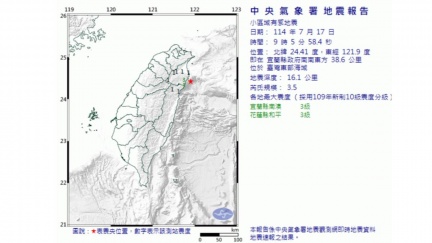 09:05宜蘭外海規模3.5地震　最大震度3級
