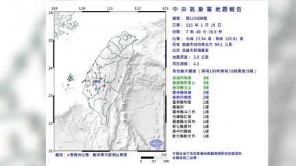 高雄那瑪夏07:48規模4.3地震　最大震度3級