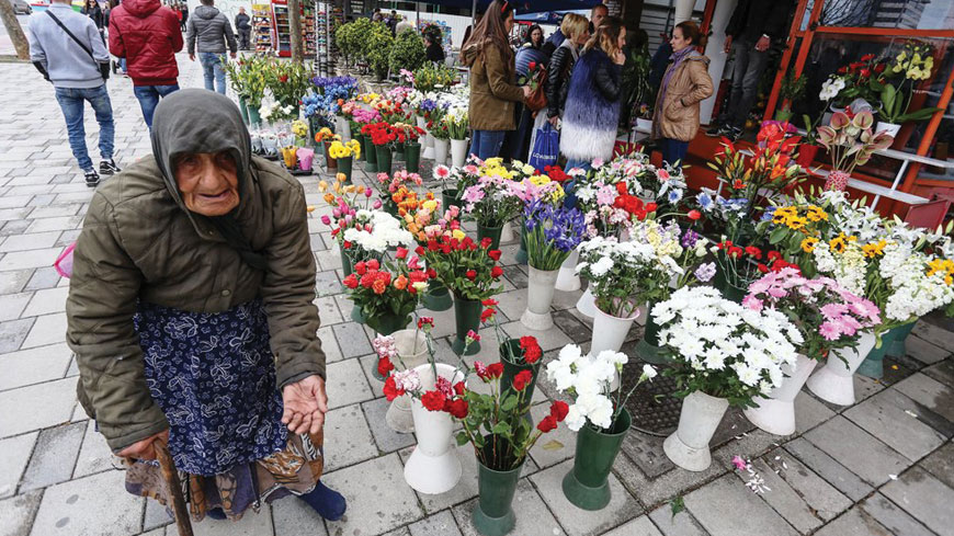 阿爾巴尼亞一名老婦人在花店前行乞。