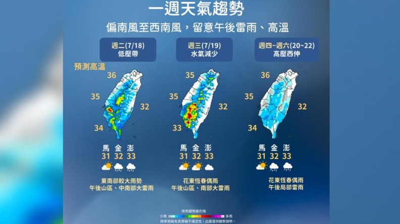 週末恐生成「杜蘇芮」颱風！本週高溫飆36度、防午後雷雨，１圖掌握雨區