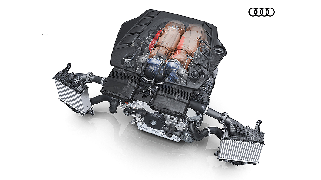 4.0升V8 TFSI雙渦輪增壓引擎採90度夾角設定，並將渦輪增壓器安裝於汽缸夾角之中。(圖片來源/ Audi)