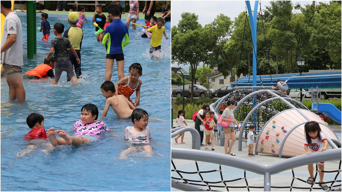  免費玩水囉！竹崎親水公園重新開放，小孩瘋玩鯨魚溜滑梯、大沙坑