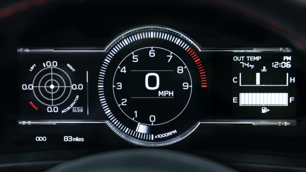 全新7吋數位儀表板，上面可以顯示電壓、水溫、G值。(圖片來源/ Subaru)