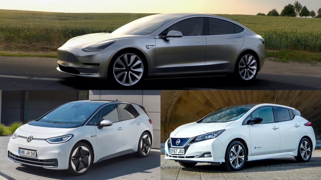 除了e-tron以外，Model 3、ID.3、Leaf也是挪威熱銷電動車款。(圖片來源/ Tesla、Nissan、VW)