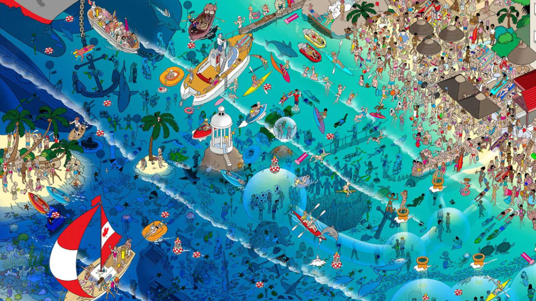 Kia版的《威力在哪裡》海邊場景中，除了戲水的人群、海中的魚群外，也出現了美人魚身影。 (圖片來源/ Kia Canada)