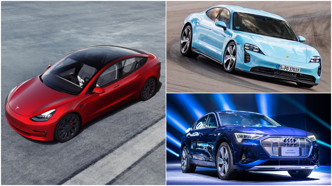 3月份臺灣汽車市場掛牌數字出爐。(圖片來源/ Audi、Porsche、Tesla) Model 3穩坐電動車銷售龍頭 Taycan竄升第二