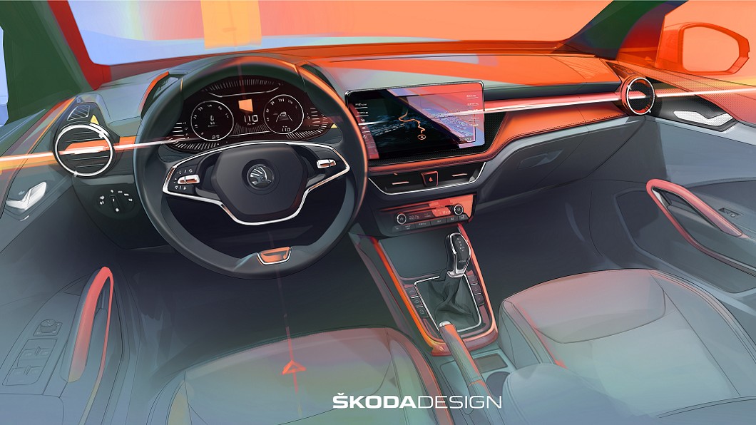 Škoda公佈新世代Fabia內裝設計樣貌。(圖片來源/ Škoda) Fabia升級大尺寸觸控螢幕 預告下星期完整亮相