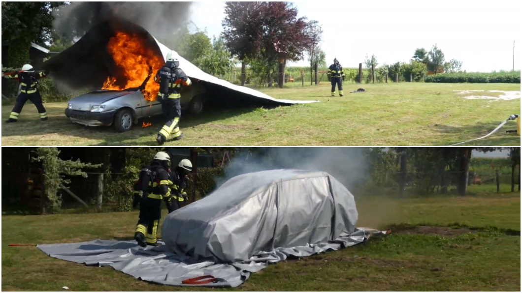 滅火毯使用方式相當簡單，只要拉開滅火毯覆蓋車輛，再盡可能與地面密合即可。(圖片來源/ Bridgehill)
