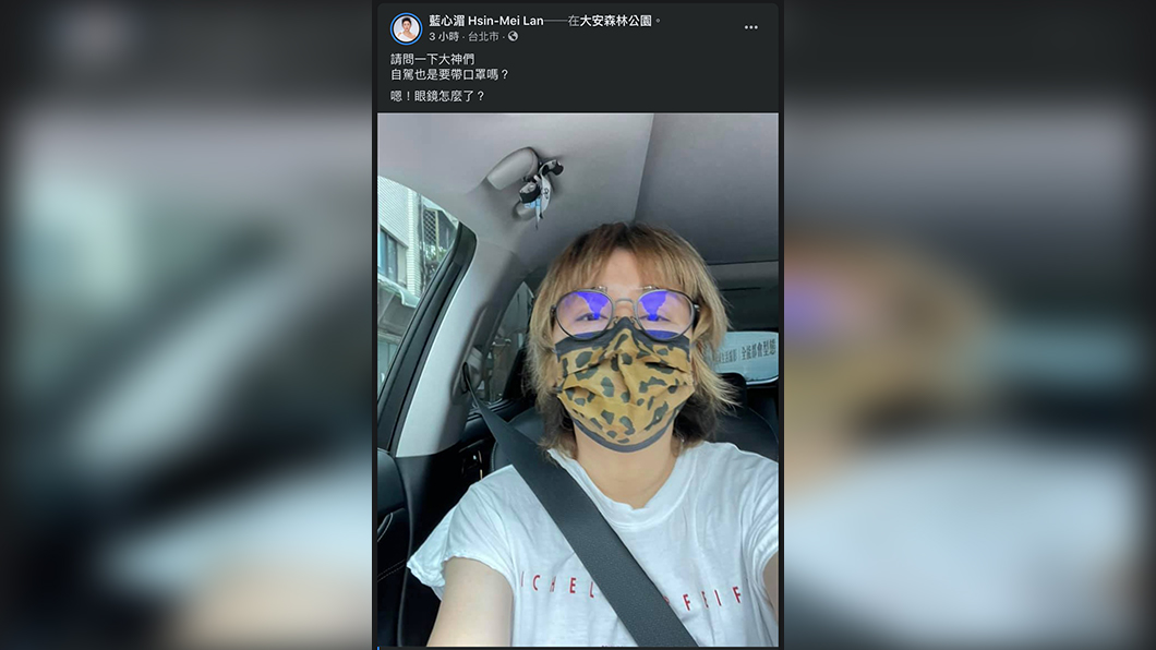 時尚教主藍心湄臉書提問引發開車是否需配戴口罩討論。(圖片來源/ 藍心湄臉書)