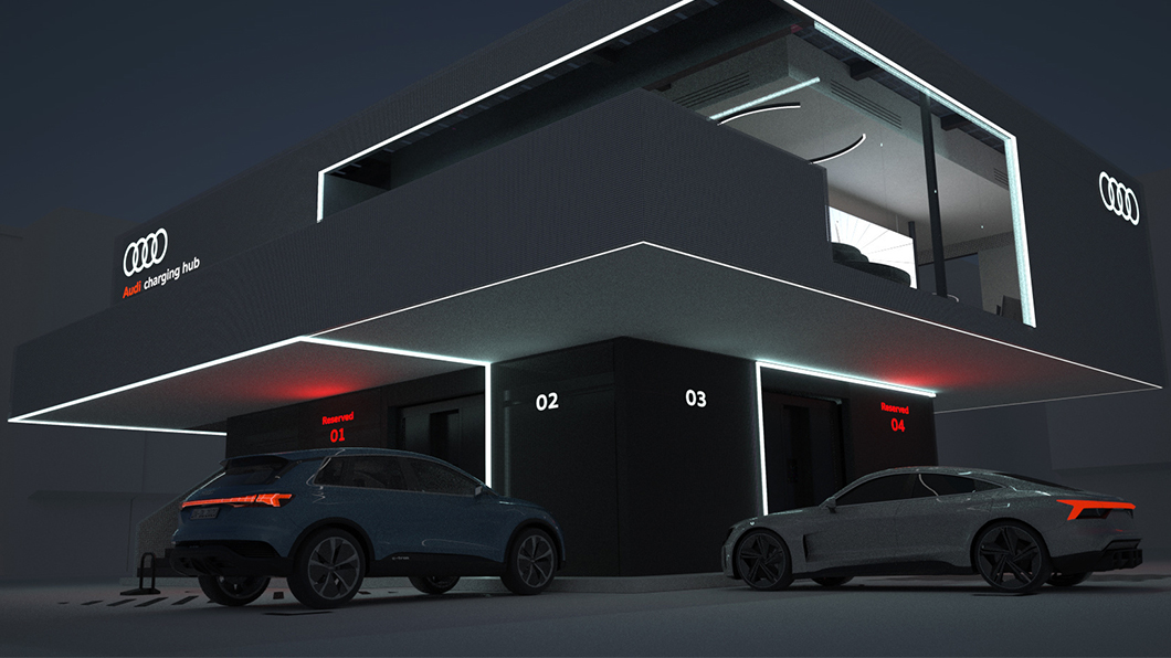 充電中心在夜間無人上門時，持續將充電樁的電池充滿，提升消費者來充電時的效能。(圖片來源/ Audi) 