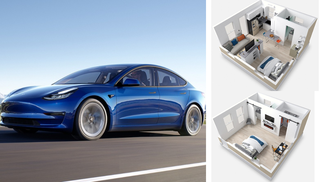Boxabl組合屋的單價約為5萬美金，還比Tesla Model S Long Rang版的7.3萬便宜。（圖片來源/ Tesla、Boxabl）
