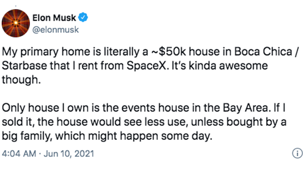 Musk賣掉房產後還說自己現在住在價值5萬美金還是租來的房子。（圖片來源/ 截自Musk推特）