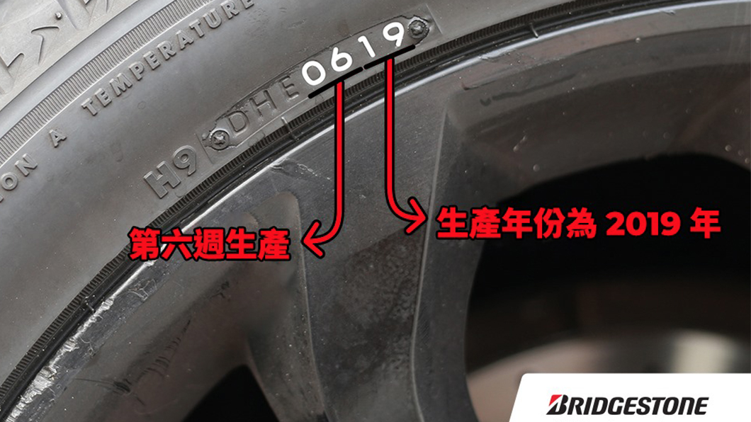 輪胎胎壁上會顯示製造日期，根據經濟部標準檢驗局規定，出廠超過6年的輪胎不得進口或安裝在車上。（圖片來源/ Bridgestone臉書）