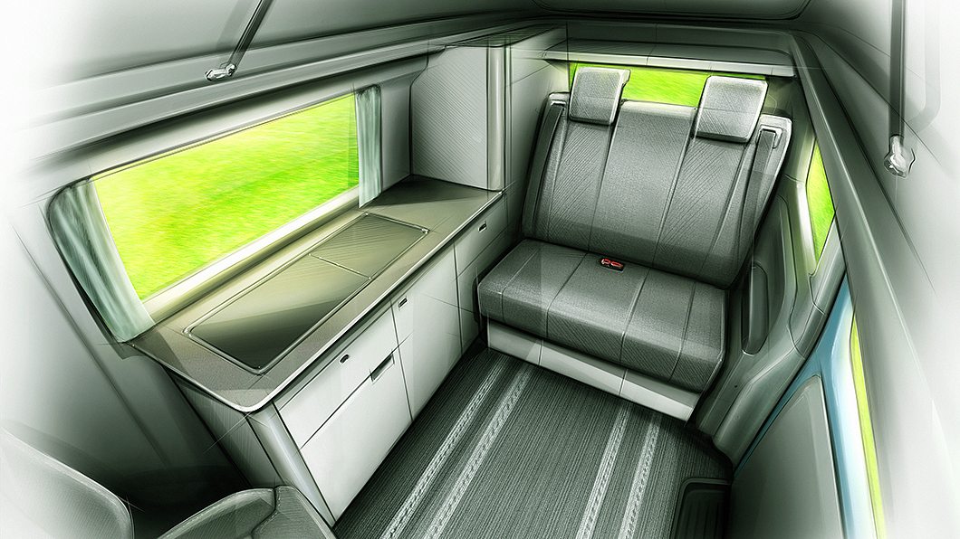 車內起居空間包含有雙人床椅、整合是流理臺、廚房、櫥櫃、多功能折疊桌與可180度旋轉的前座座椅。(圖片來源/ LEVC)