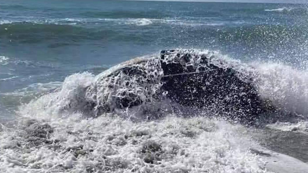 一波波浪打在Model X上，也讓它成為了電動礁石。（圖片來源/ Facebook）