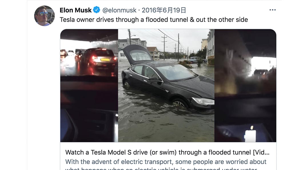 Musk曾經說過Model S可以像船一樣漂在水上一陣子甚至能在水中移動。（圖片來源/ Twitter）