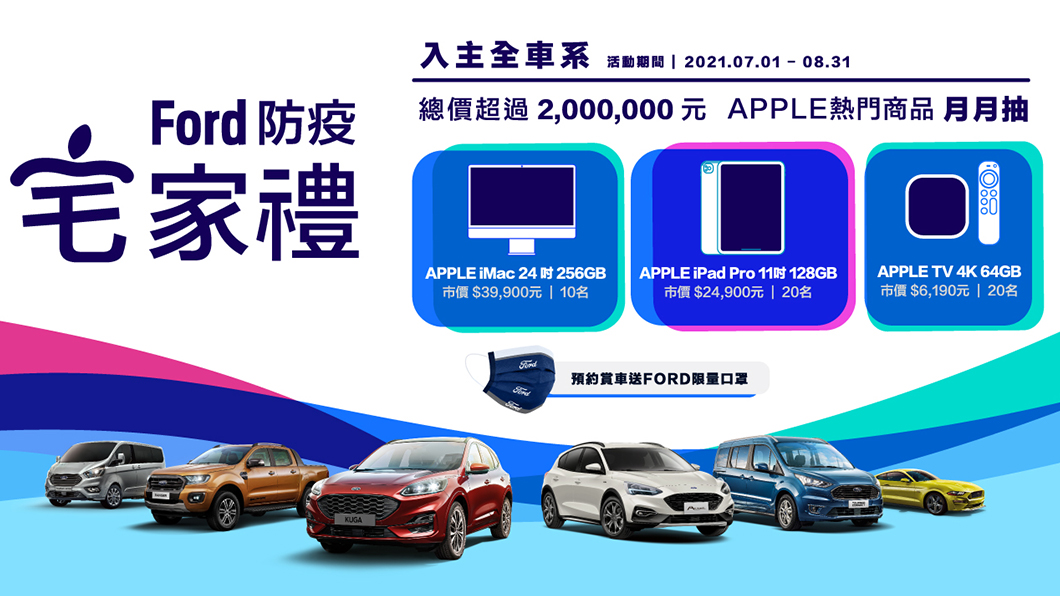 8月入主Ford全車系，即有機會抽中Apple最新系列商品，包含：iMac（10名）、iPad Pro M1與APPLE TV 4K（各20名），自7月起連續兩個月至8月31日止，共抽出100名，總價值超過200萬元。（圖片來源/ Ford）