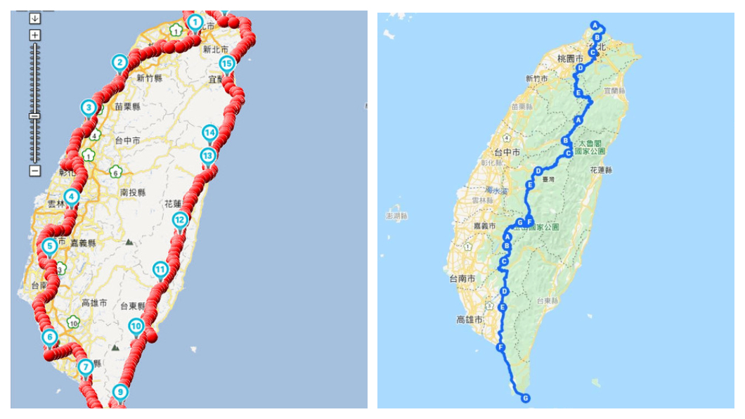 想要輕鬆完成24小時環島的話，可以採一般的海線走法，至於想要體驗熱血硬派的路線，則有網友之前分享過的「切西瓜」路線可以挑戰。(圖片來源/flickr、google map)