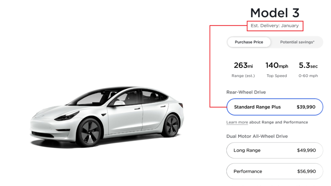 在北美Tesla官網上Model 3入門款要等到2022年1月才有辦法交車。(圖片來源/ Tesla)